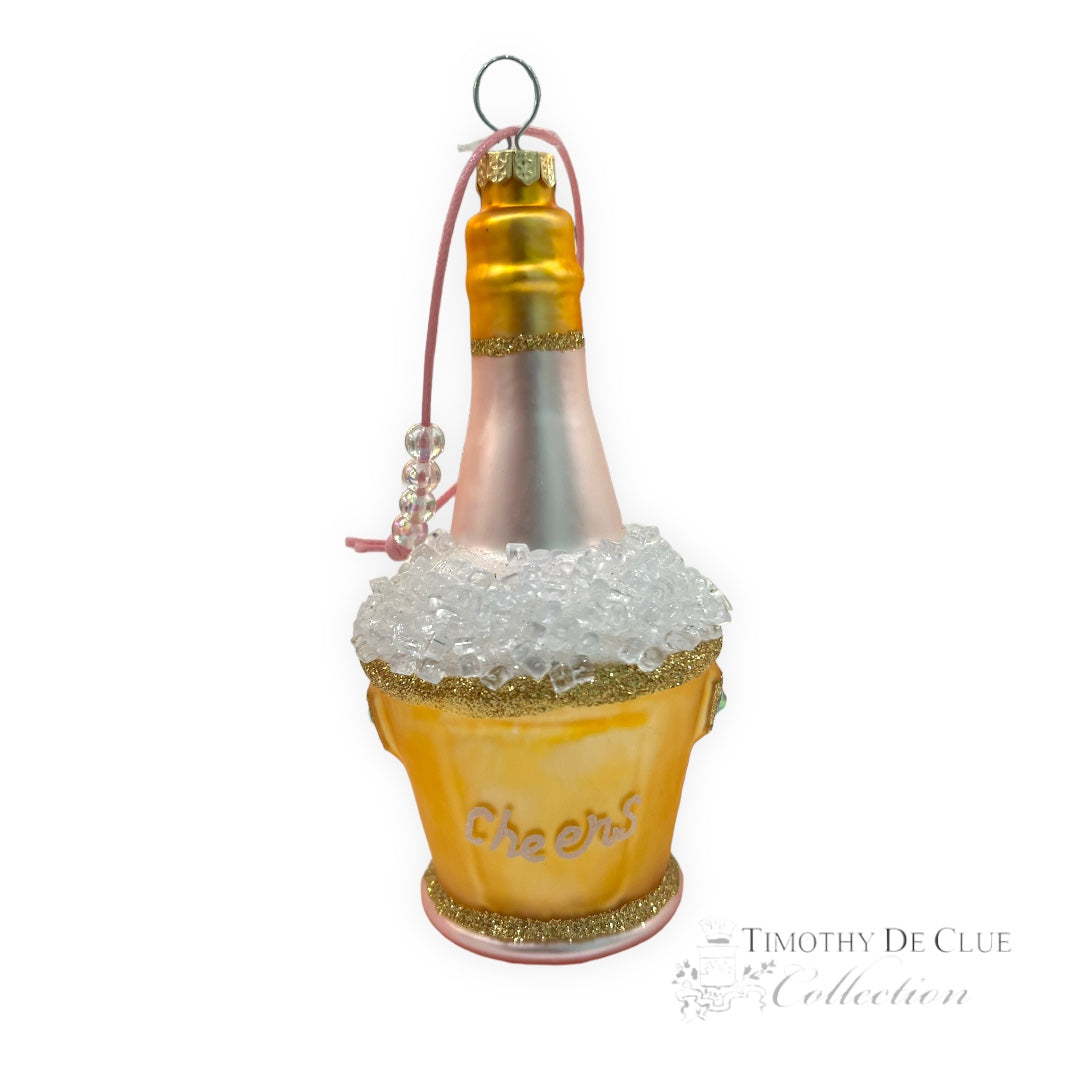 Cheers Pink Sparkling Beverage in Gold Ice Bucket- Christmas Ornament Decoration