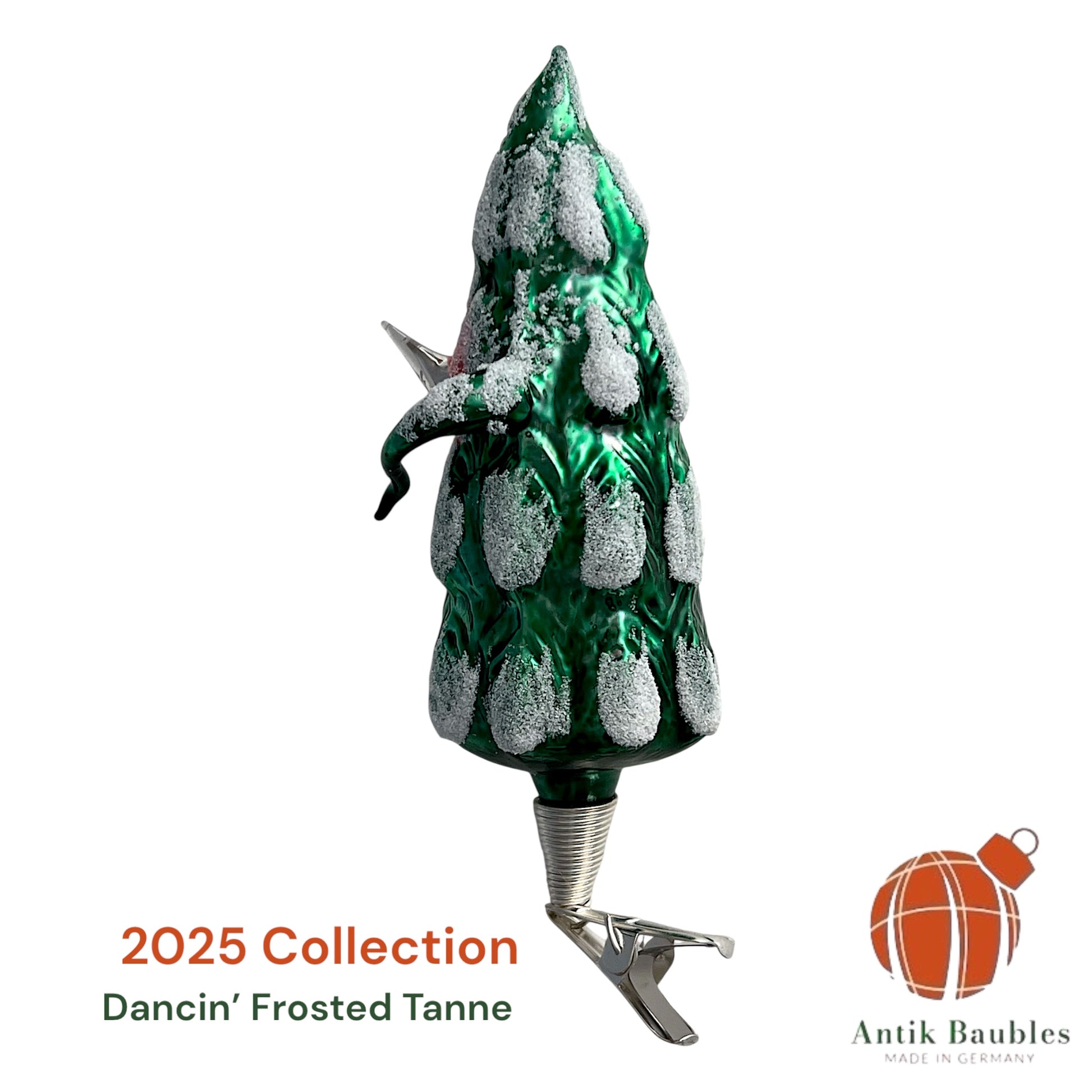 Free Blown Clip “ Dancin’ Frosted Tanne ”  5in - Antik Baubles Christmas Clip Ornament