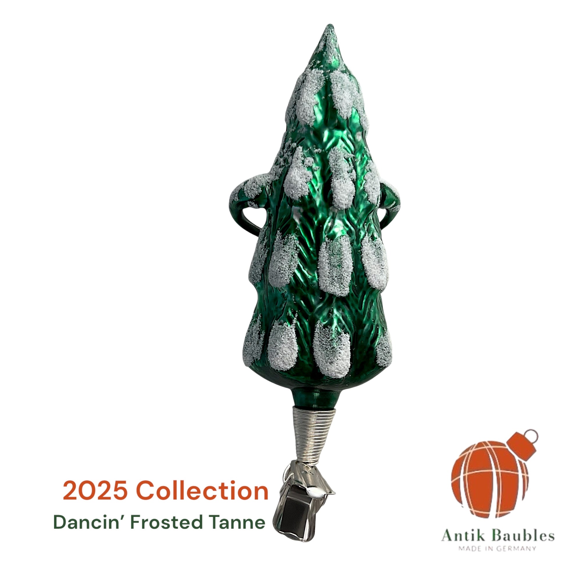 Free Blown Clip “ Dancin’ Frosted Tanne ”  5in - Antik Baubles Christmas Clip Ornament