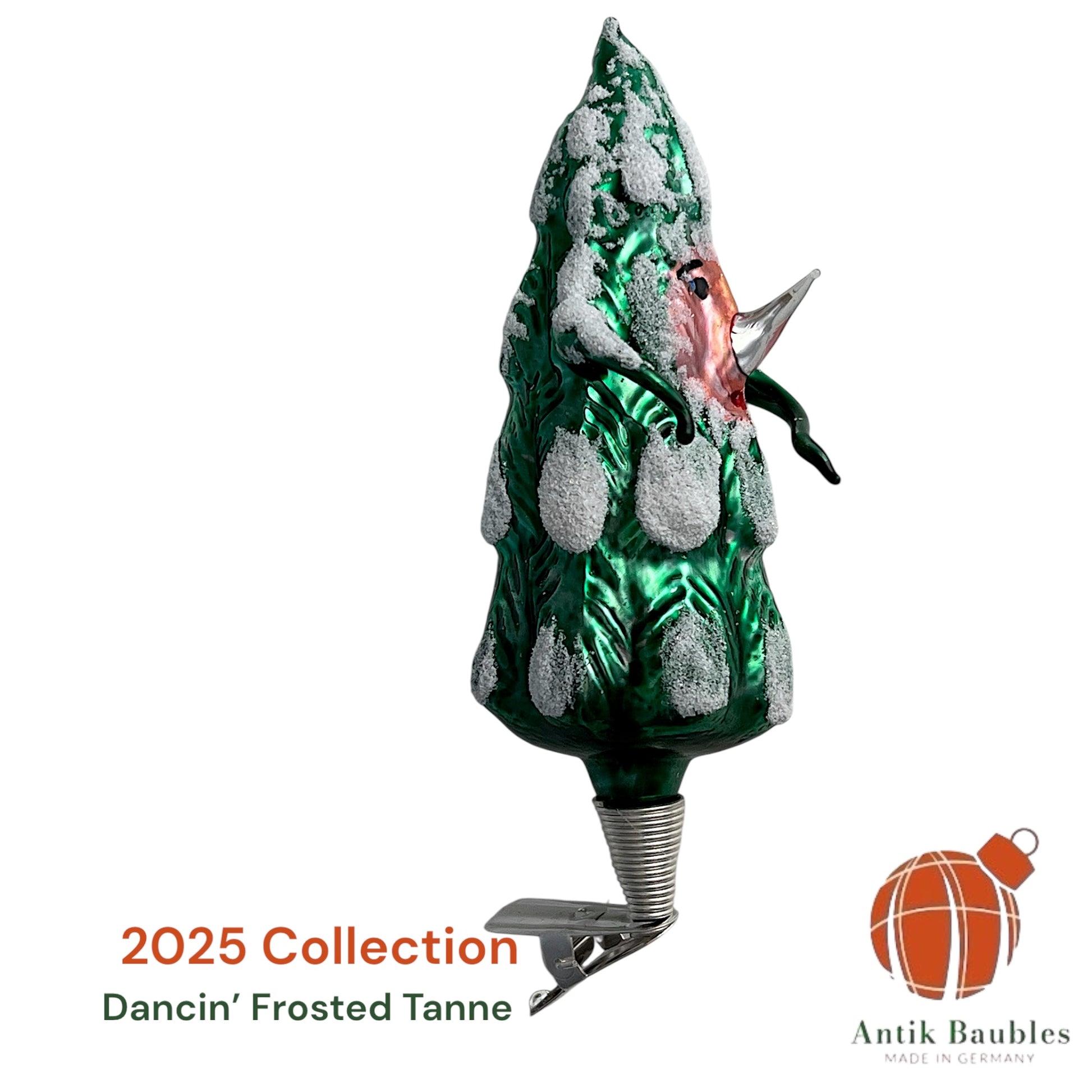 Free Blown Clip “ Dancin’ Frosted Tanne ”  5in - Antik Baubles Christmas Clip Ornament
