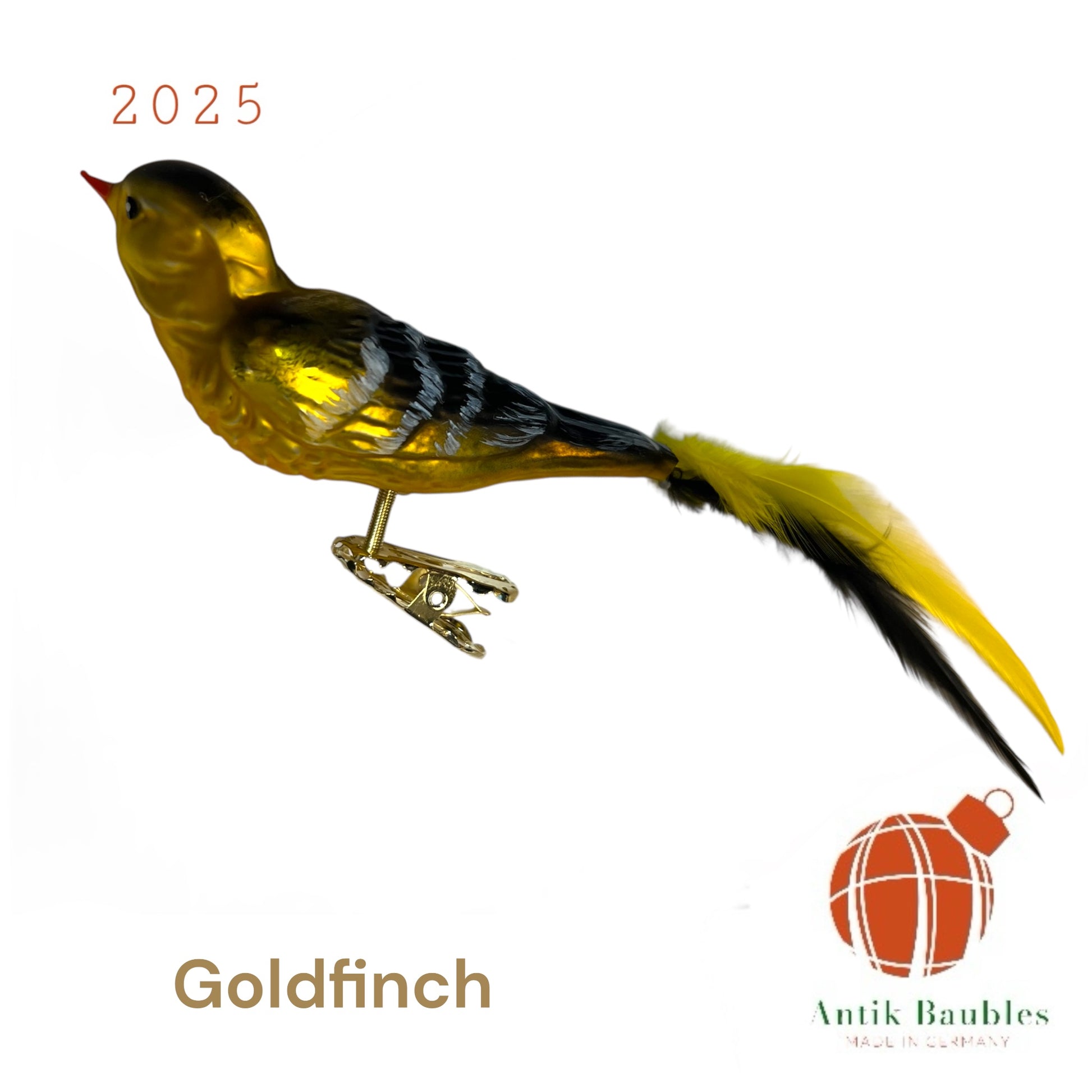 Goldfinch Clip Bird feather Tail- Hand Blown Glass Christmas Ornament | Made in Germany