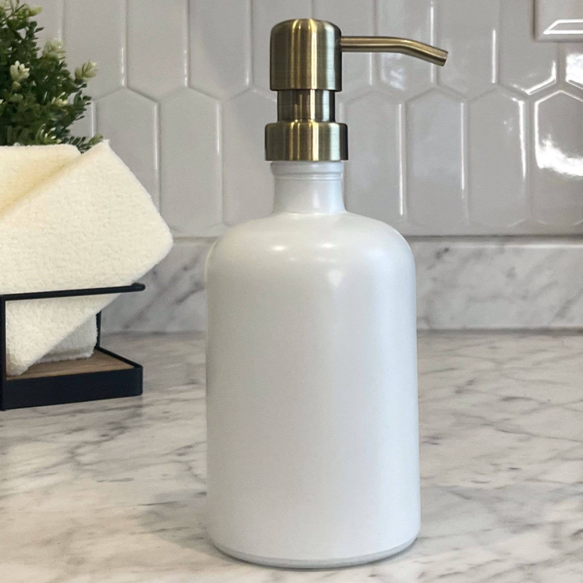 16oz White Matte Glass Soap Dispenser bottle w/ metal pumps.