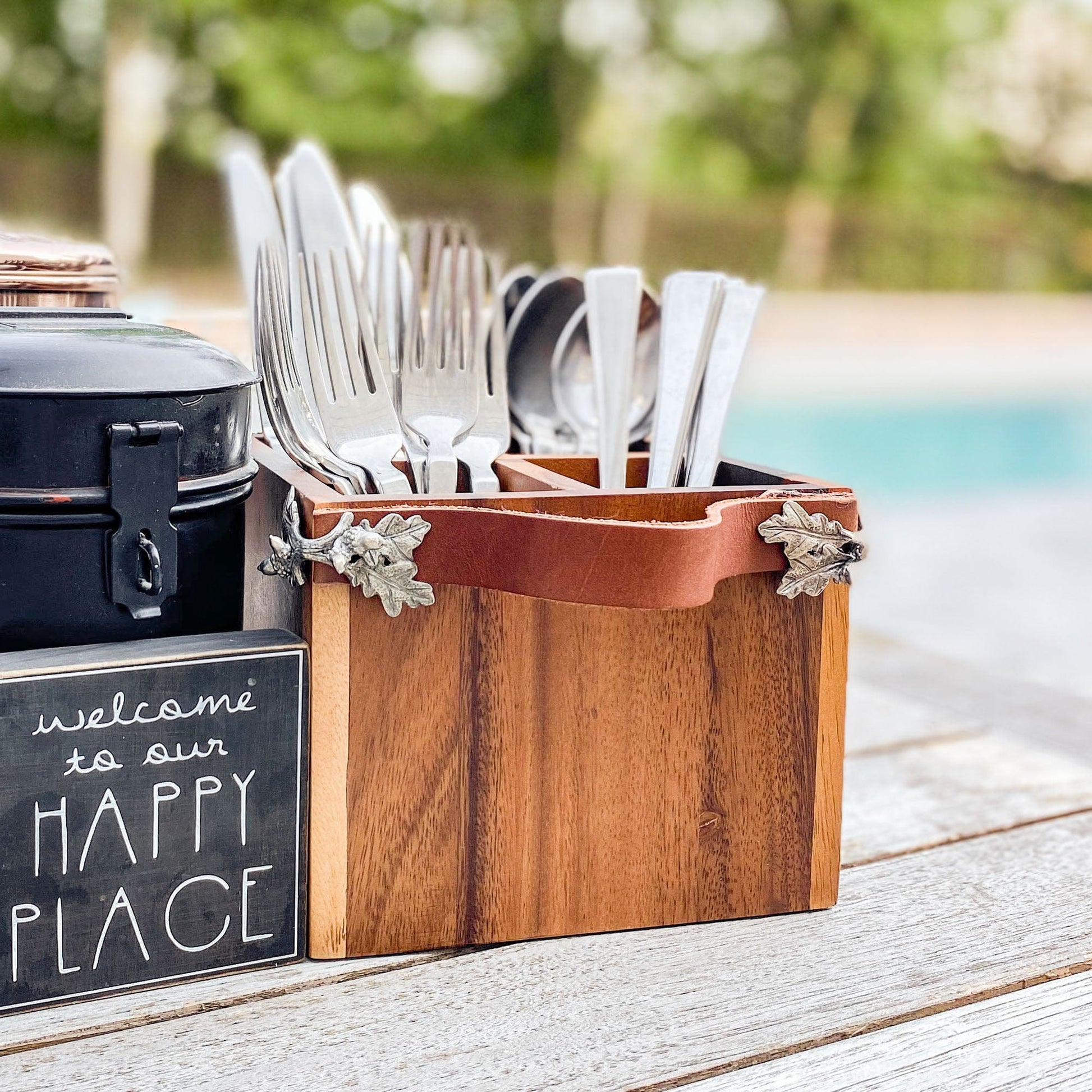 Acorn Oak Leaf Flatware Caddy - Square Box Wood