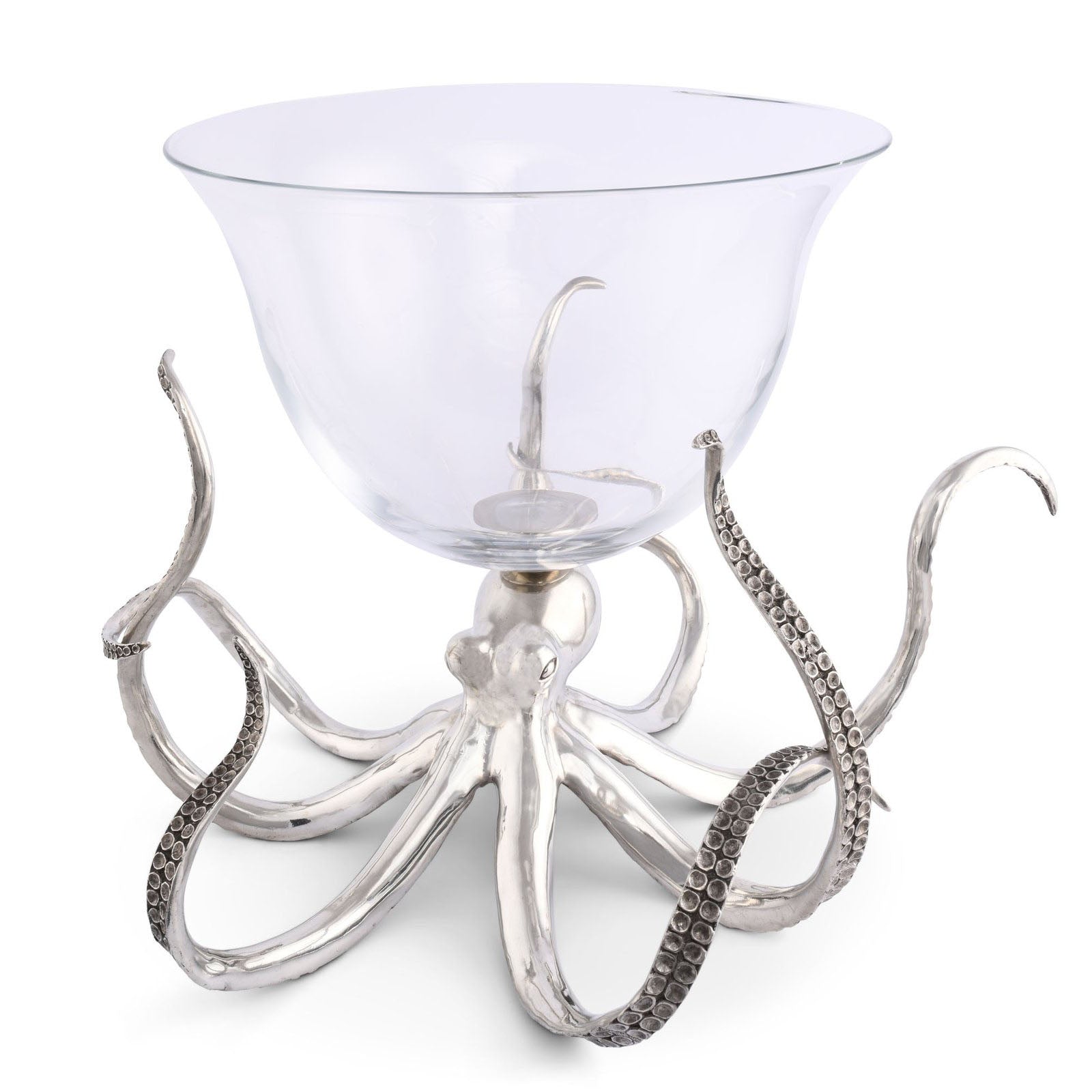 Pewter Octopus Kraken Holding Crystal Glass Ice Tub Punch Bowl  | Timothy De Clue Collection