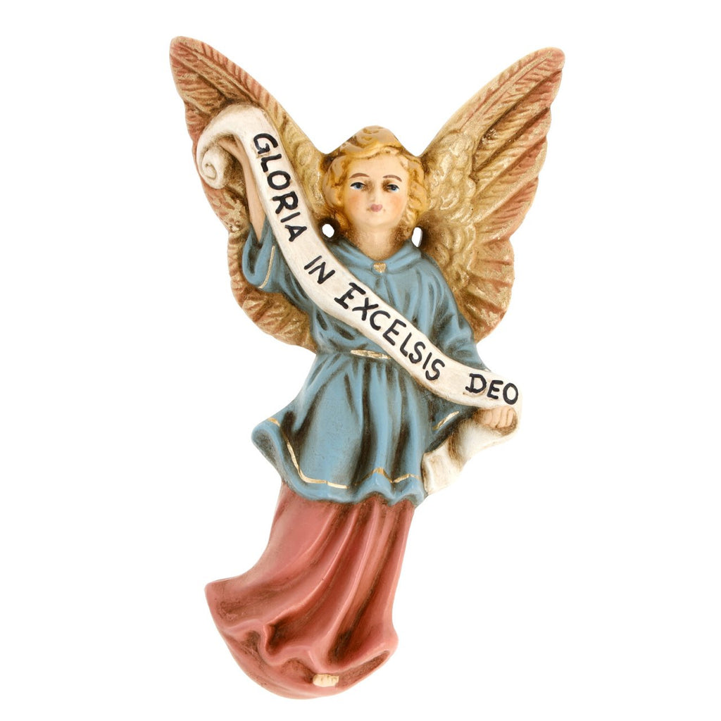 Angel figurine holding a 'Gloria in Excelsis Deo' banner, The Vintage Inspired Gloria Angel, measuring between 4.5 and 5.75 inches, embodies the sacred proclamation of "Glory to God in the highest," Marolin Made in Germany