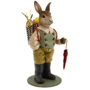 City Rabbit on Stroll Antique Mold German Paper Mache figurine holding umbrella and basket