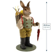 City Rabbit on Stroll Antique Mold German Paper Mache, brown rabbit in green vest holding umbrella and basket, height 20cm