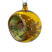 Three decorative Christmas indent ornaments with a central ephemera antique Santa figure, each on a different colored blown glass ornament.  GOLD VERSION