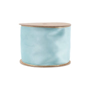 4" Reversible Classic Velvet Wired Ribbon 10 Yard Roll in light blue with gold trim edges on wooden spool