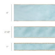 4" Reversible Classic Velvet Wired Ribbon showing width variations in light blue with gold edges