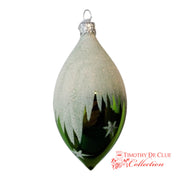 Celestial Frost Ornament Set 6 teardrop with green tree silhouettes, glitter finish, and star detail