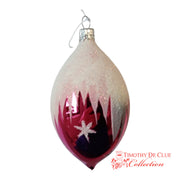 Celestial Frost Ornament Set 6 teardrop with cream glitter top, red flame design, black section, and silver star detail