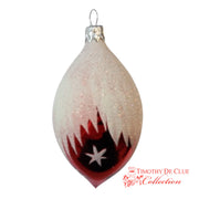 Celestial Frost Ornament Set 6 teardrop with cream glitter finish, red flame design, black section, and silver star.