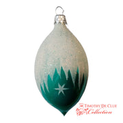 Celestial Frost Ornament Set 6 teardrop with cream glitter top, teal tree silhouettes, and white star