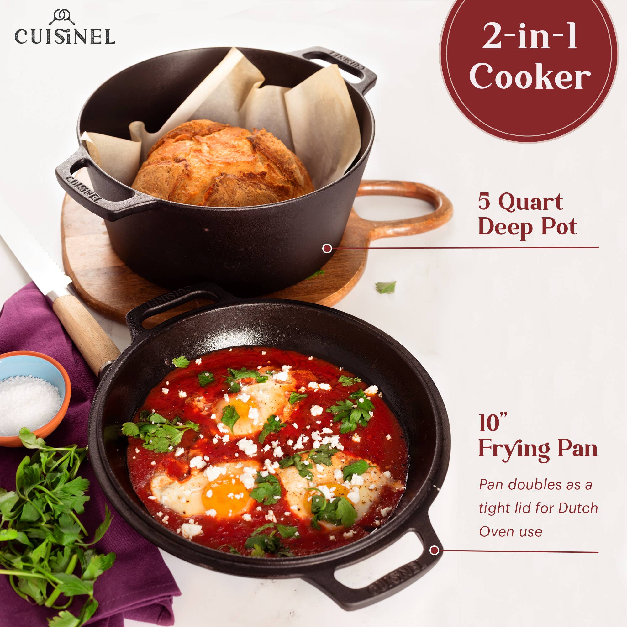 Cuisinel Cast Iron Skillet Set of 2 Kitchen Cookware Pre-Seasoned
