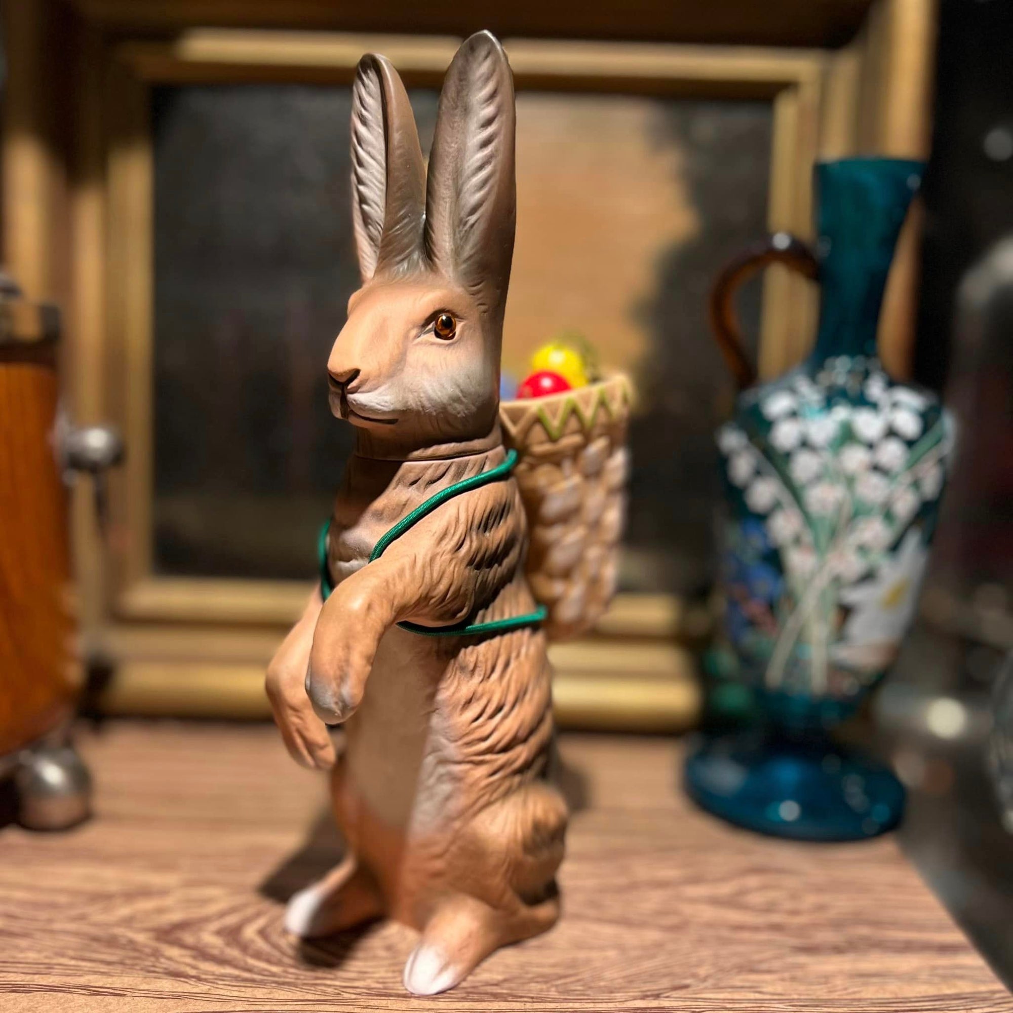 Easter Hare Brown Small Upright W/Basket 8.5" Candy Container + Tabletop Décor Made in Germany Timothy De Clue Collection