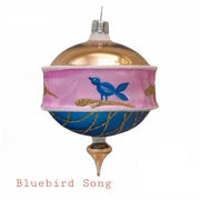 Bluebird Song 3.25 in Drop ornament, gold dome with pink band, blue bird design, gold glitter accents, wooden finial