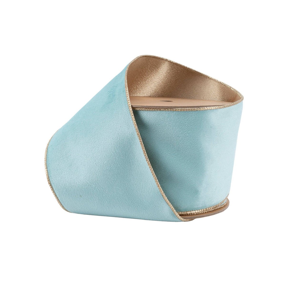 4" Reversible Classic Velvet Wired Ribbon 10 Yard Roll, light blue and champagne gold rolled view
