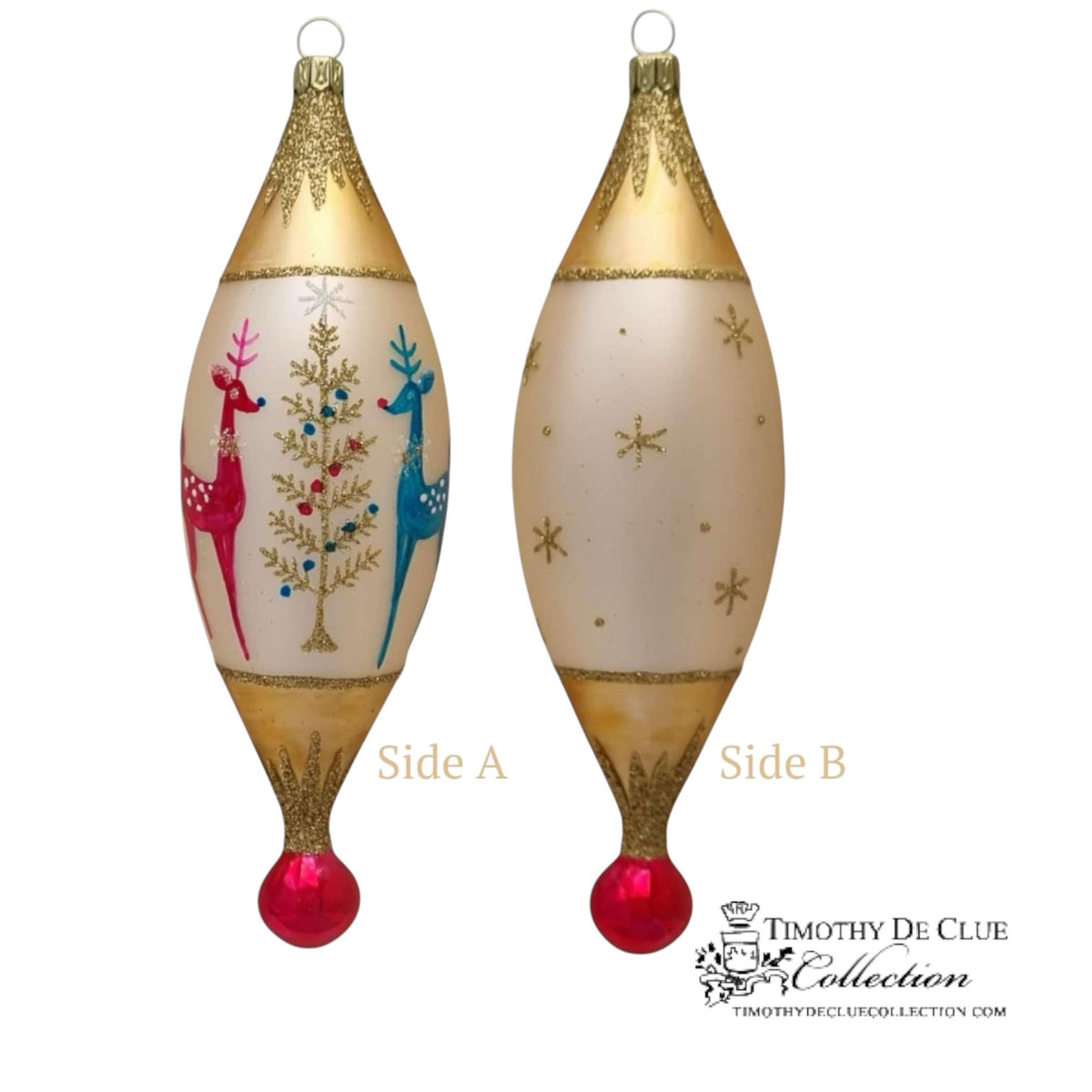 Deko-Hirsch 7.5 in Tear Drop ornament with gold glitter top, cream body featuring red and blue reindeer, snowflakes, red ball base