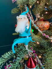 Free Blown Elf “Twinkle” Teal 6 in clip on Christmas Ornament