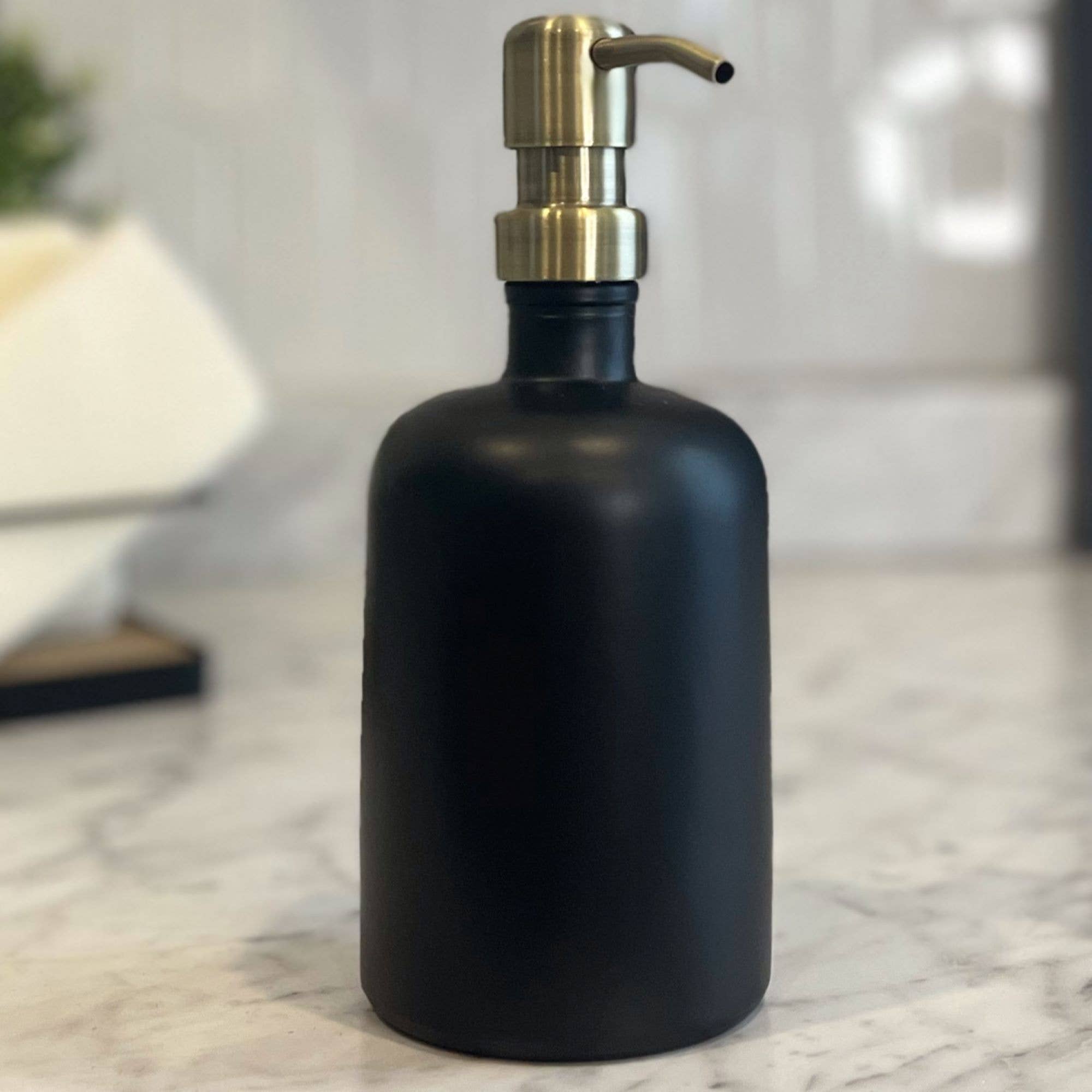 16oz Black Matte Glass Soap Dispenser bottle w/ metal pumps.