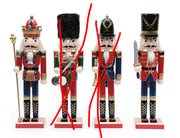 12" King and Guard Nutcrackers set of four wooden figures in red and blue uniforms with tall black hats
