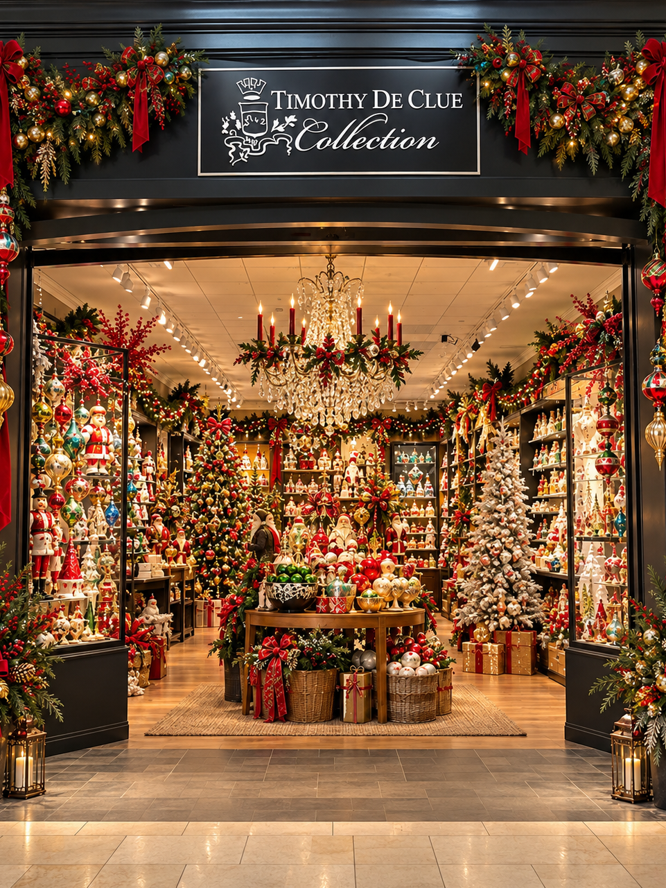 A festive retail storefront decorated for Christmas, with a sign reading 'TIMOTHY DE CLUE Collection' above the entrance. The shop interior is warmly lit, filled with holiday displays, garlands, ornaments, Christmas trees, and gift boxes.