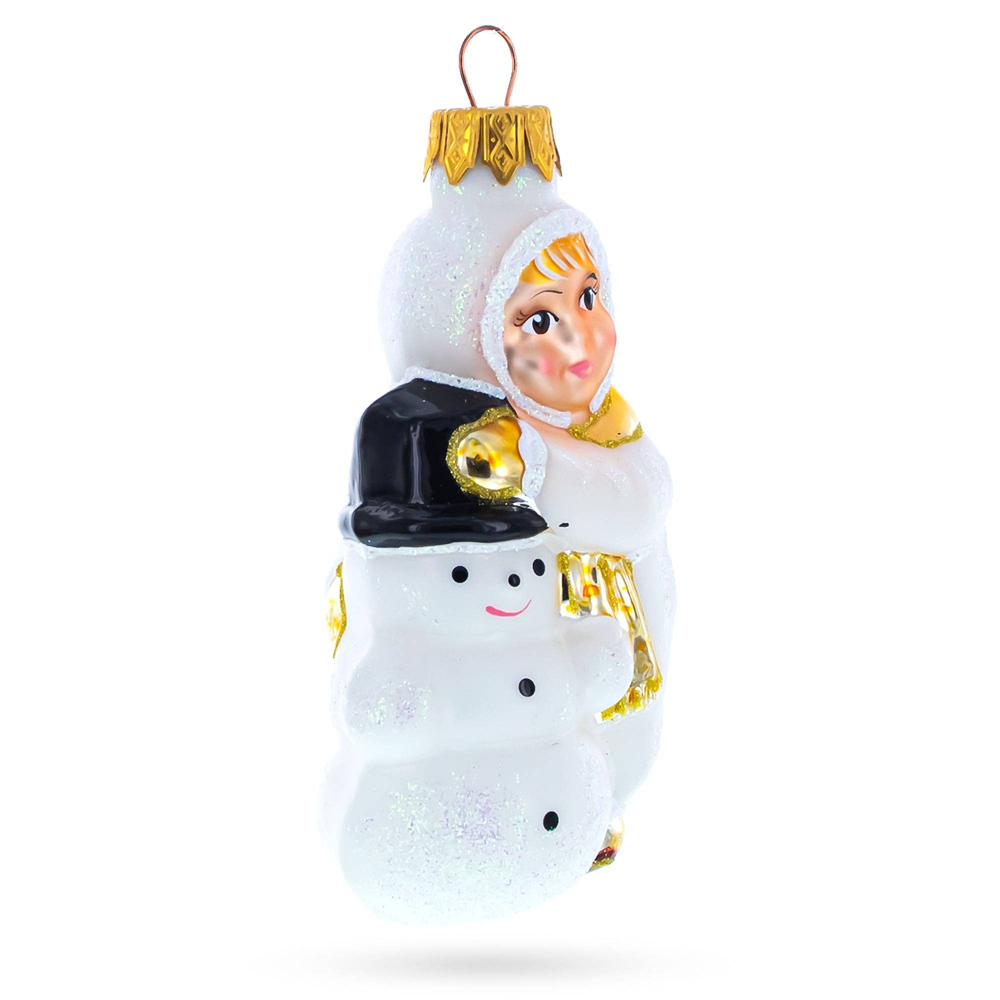 Child Hugging Snowman Glass Christmas Ornament