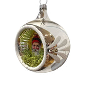 Three decorative Christmas indent ornaments with a central ephemera antique Santa figure, each on a different colored blown glass ornament. SLVER VERSION