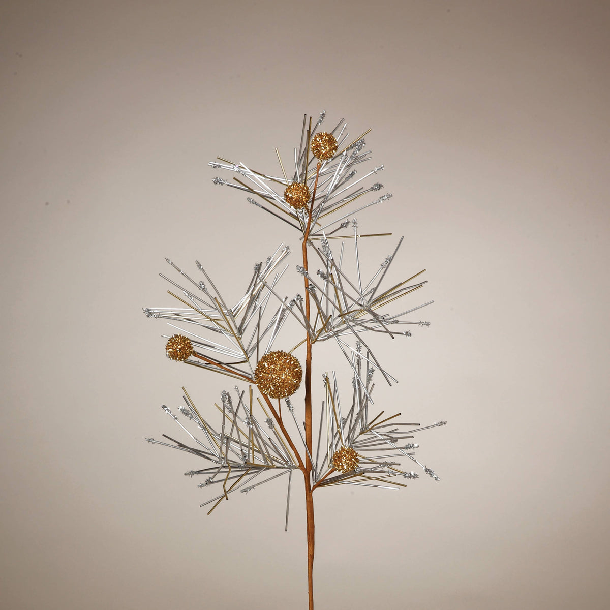 33" Metallic Tinsel Twig and Branch with gold spheres and silver needle-like stems on brown stem against neutral background.