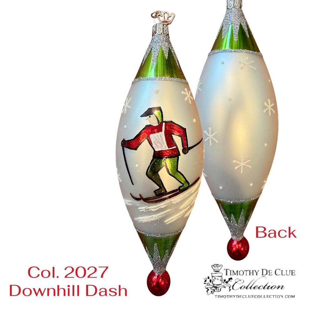 Downhill Dash ornament, skier in red jacket on frosted glass teardrop with green cap and red ball base