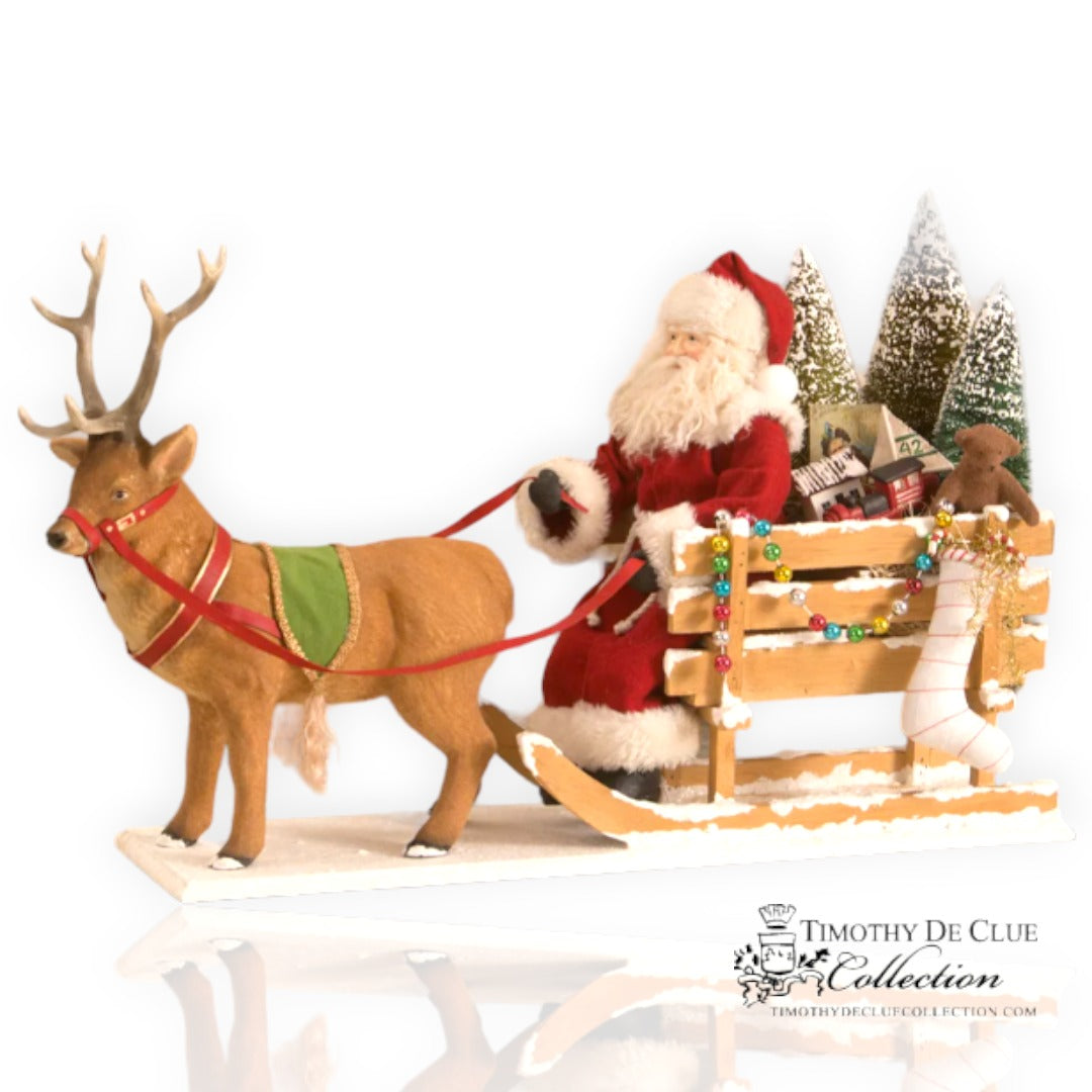 Collectors Vintage Inspired Santa Belsnickle in a One Reindeer Open Sleigh Timothy De Clue Collection 