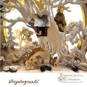 Kiefernzapfen LED Wooden Forest Scene Schwibbogen with carved trees, deer, bear, hedgehog, and snow accents.
