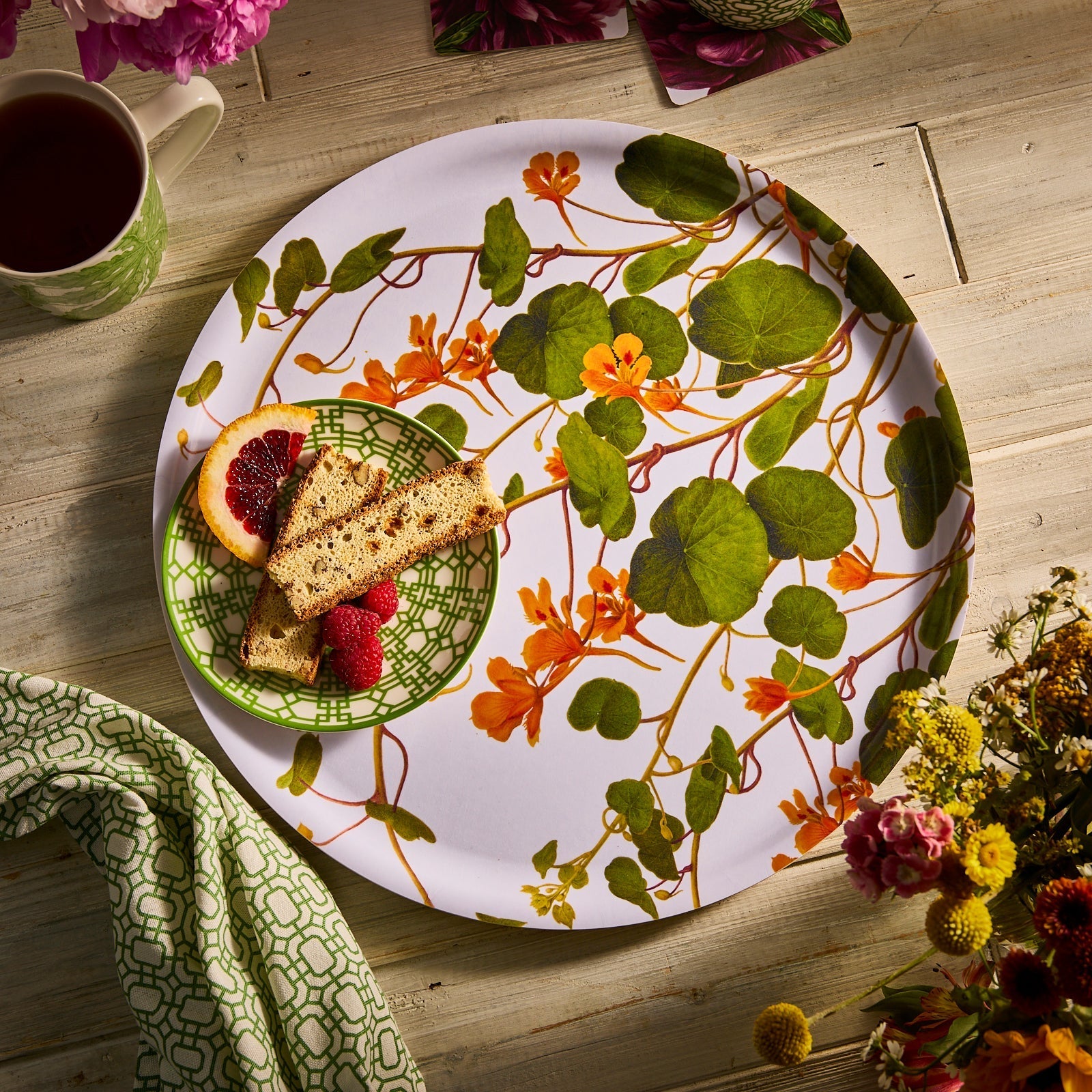 Nasturtiums Large Round Birchwood Tray