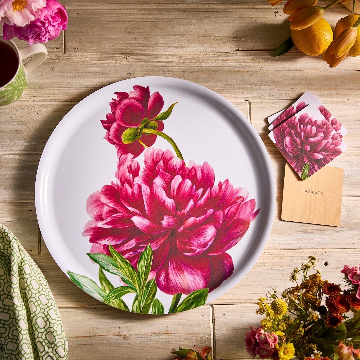Pink Peony Large Round Birchwood Tray