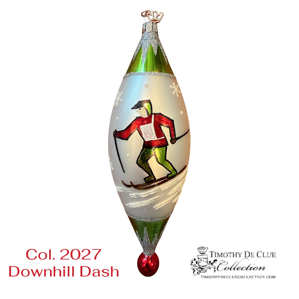 Downhill Dash ornament featuring skier in red jacket on frosted teardrop, green top, red base