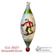 Downhill Dash ornament featuring skier in red jacket on frosted teardrop, green top, red base