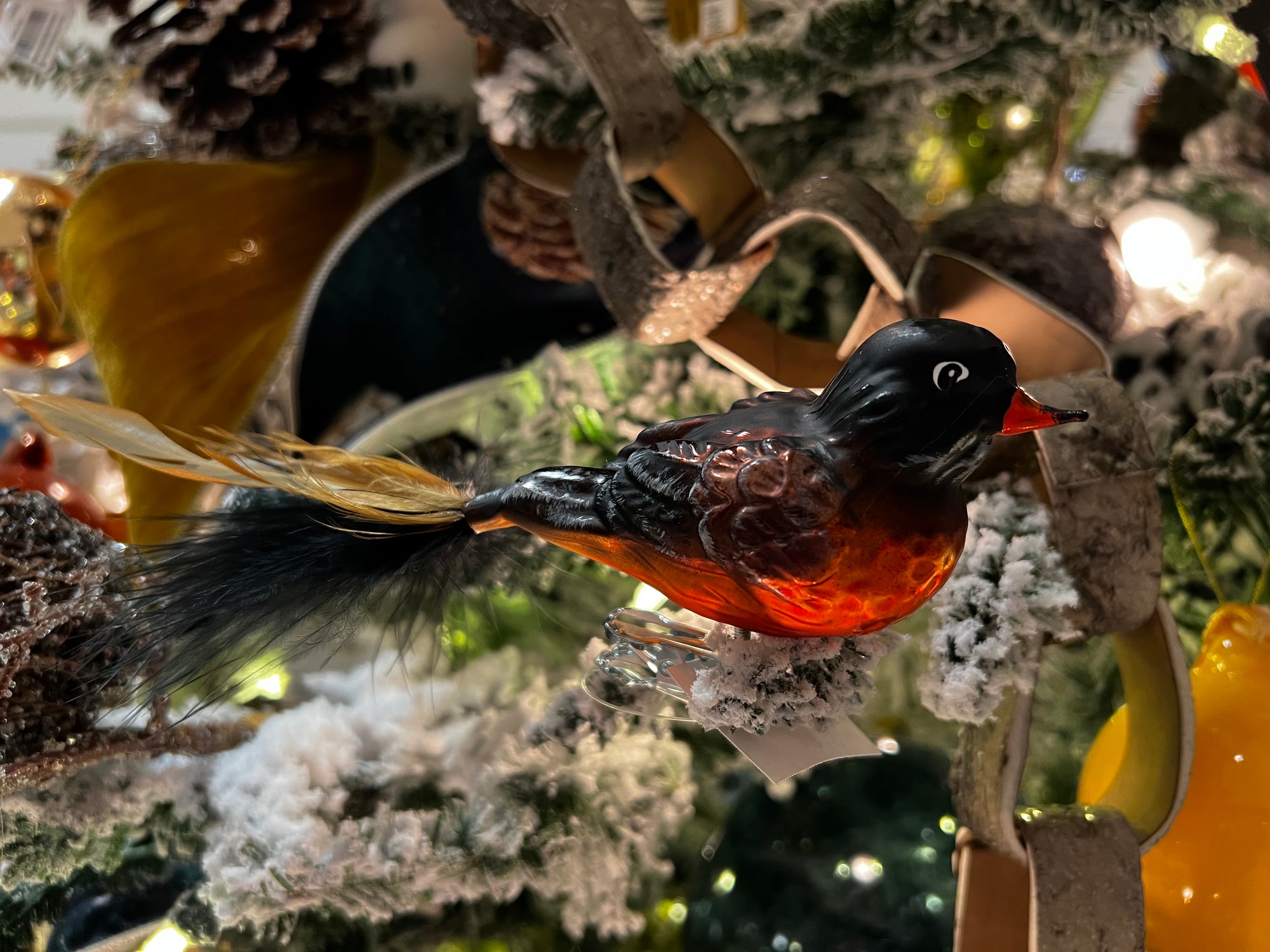 Red Breasted Robin Clip Bird feather Tail- Hand Blown Glass Christmas Ornament | Made in Germany