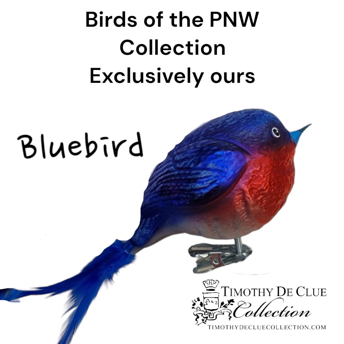 Bluebird Clip Bird Feather Tail hand-blown glass ornament, blue back and red breast with metal clip