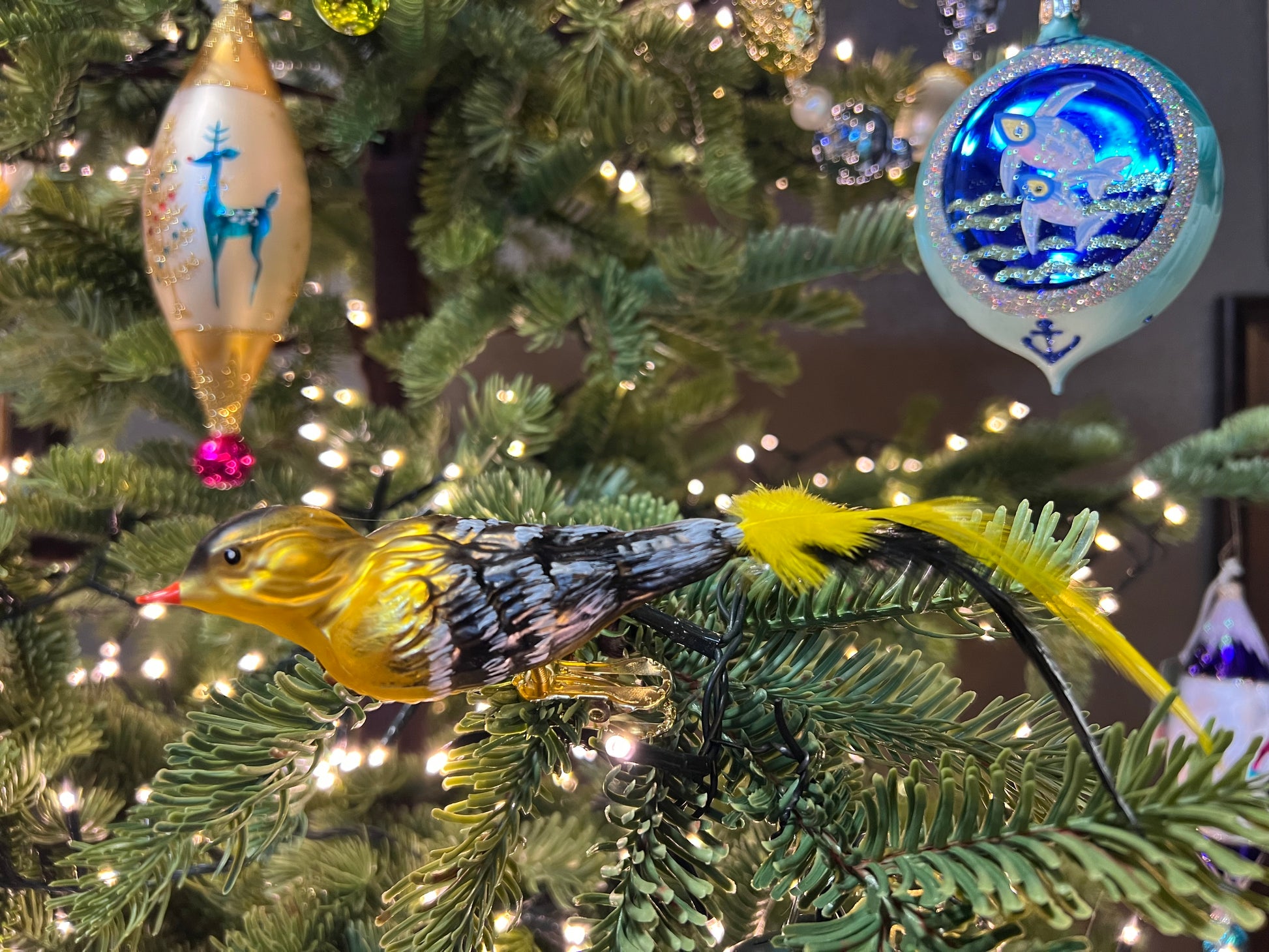 Goldfinch Clip Bird feather Tail- Hand Blown Glass Christmas Ornament | Made in Germany