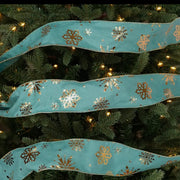 Aqua and Gold Snowflakes 2.5" Ribbon wrapped around evergreen garland with warm lights