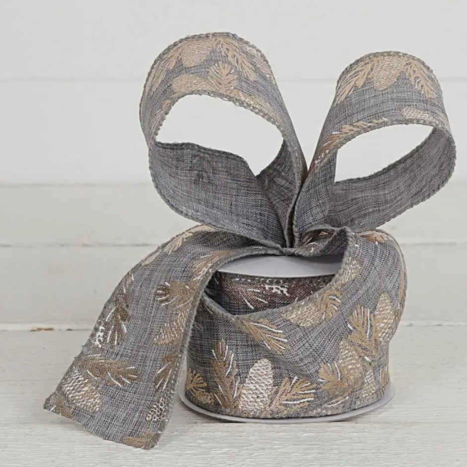 Gray Burlap Gild Pinecones 2.5” Ribbon -TDC Wonderland Christmas Collection
