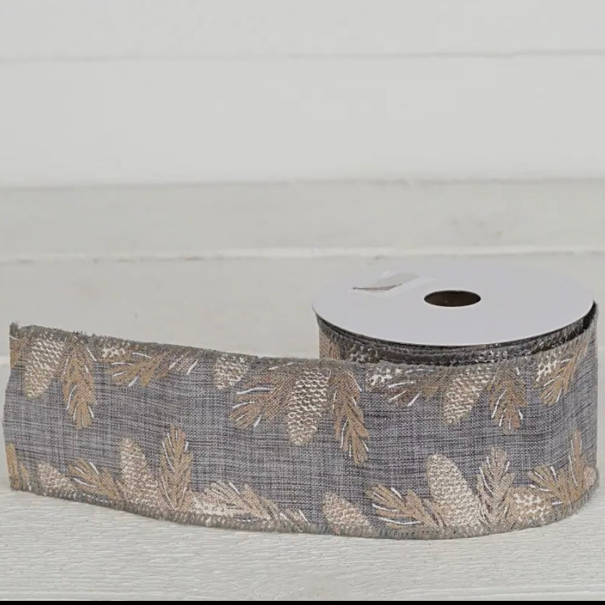 Gray Burlap Gild Pinecones 2.5” Ribbon -TDC Wonderland Christmas Collection