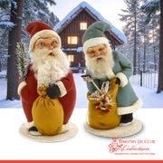 Chubby Santa Candy Container in red and green paper mache with white beard and yellow gift sack, pair displayed in snowy forest setting