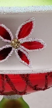 Christmas Rose 3.25 in Drop ornament with red petals, glitter edges, and gold center detail
