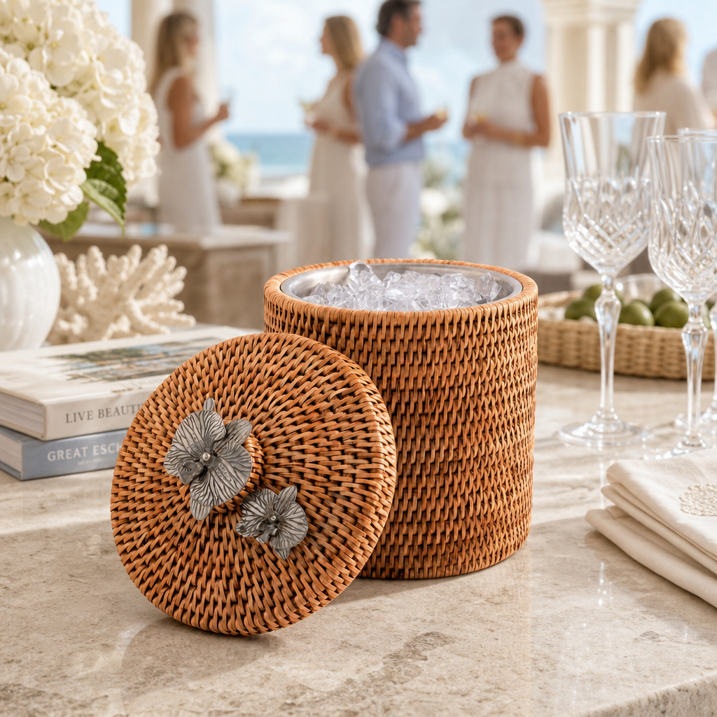 Orchids Hand Woven Wicker Rattan Lidded Ice Bucket