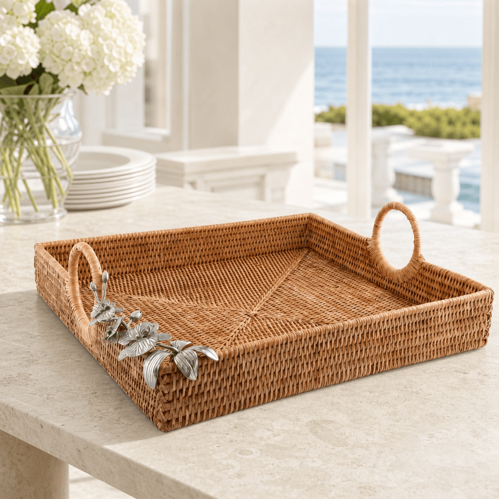 Orchid Hand Woven Wicker Rattan Large Square Tray