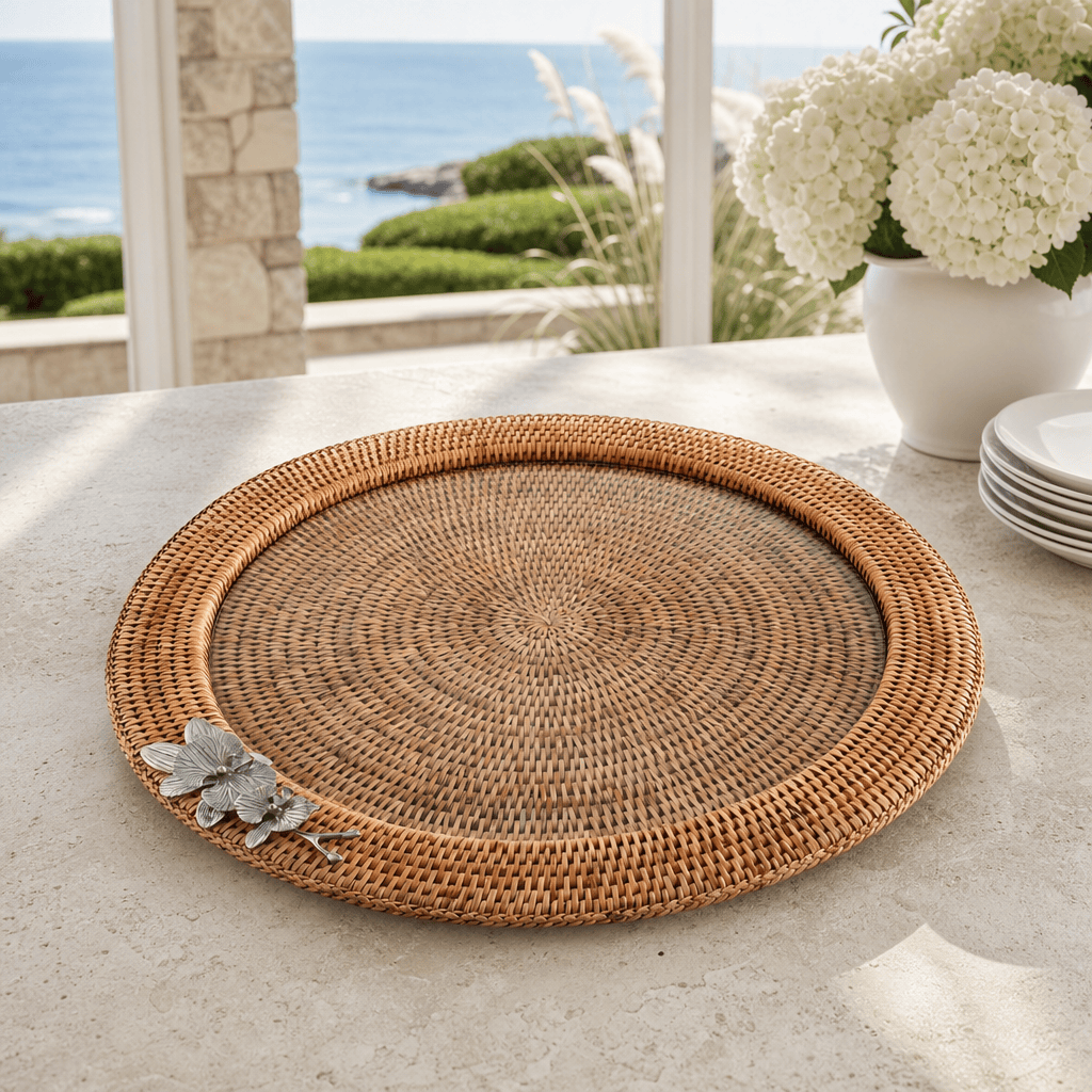Orchid Round Serving Tray Hand Woven Wicker Rattan - Glass Insert