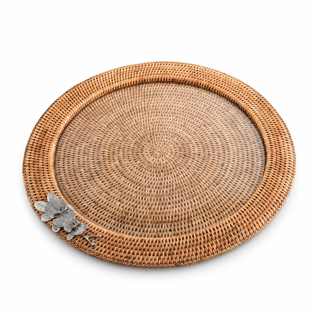 Orchid Round Serving Tray Hand Woven Wicker Rattan - Glass Insert