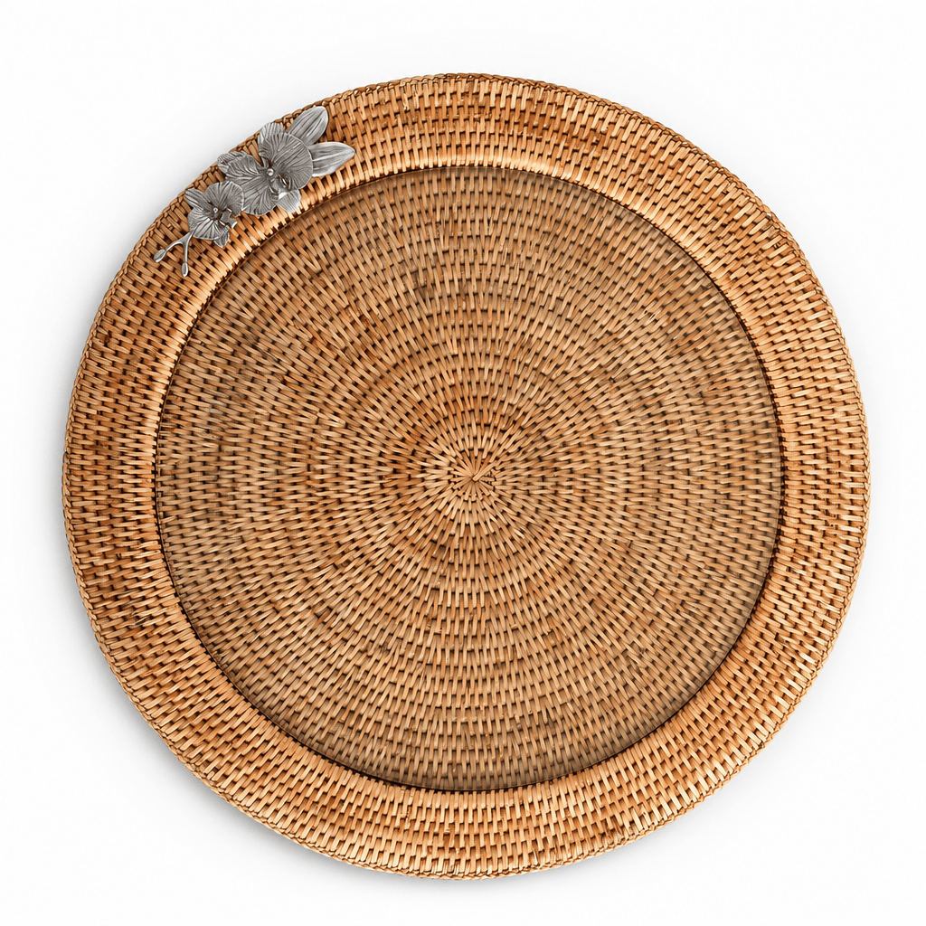 Orchid Round Serving Tray Hand Woven Wicker Rattan - Glass Insert